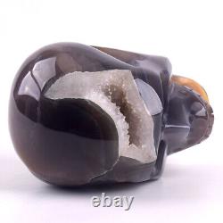 4.9 in Natural AGATE GEODE Carved Crystal Skull, Super Realistic, Crystal Healing
