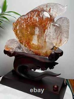 8.49LB super natural Fire crystal Quartz Carved Crystal fish Decoration+stand