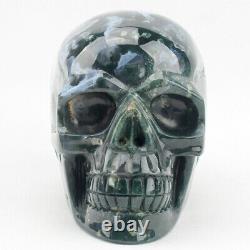Huge 6.6 in Natural Aquatic agate GEODE Carved Crystal Skull, Super Realistic